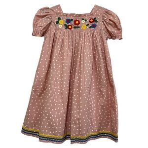 NWT Mini Boden Pink Polka Dot Babydoll Dress with Floral Embroidery Size 7-8Y